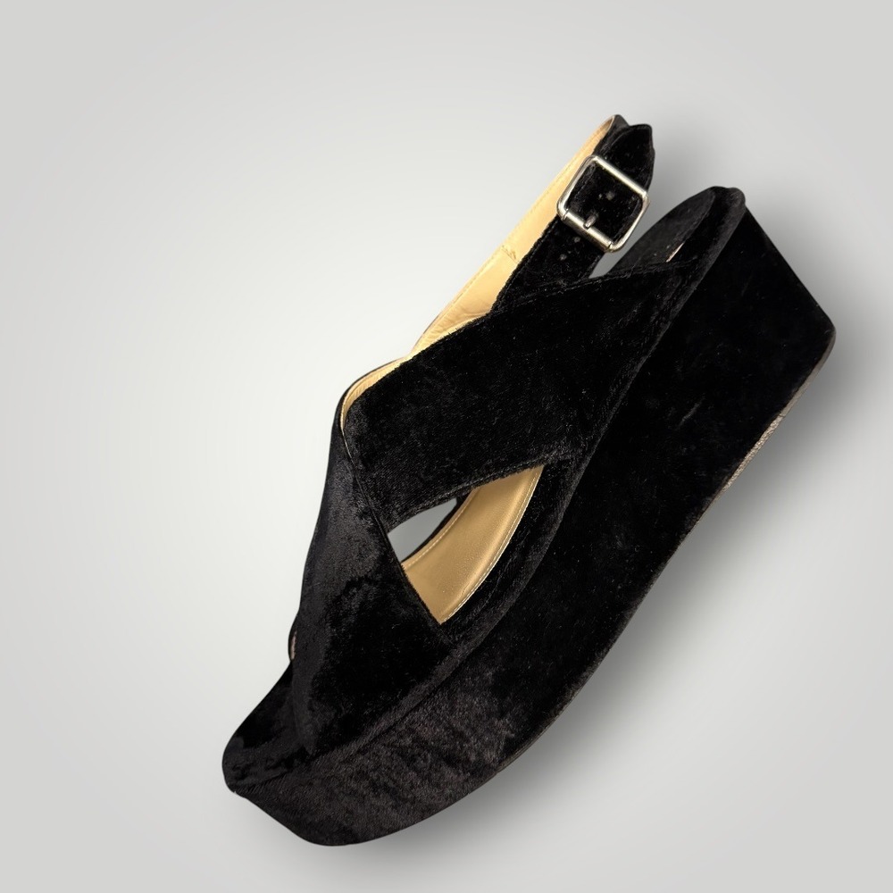 Theory Black Velvet Platform Wedge Slingback Sandals Made in‎ Italy Size 40.5